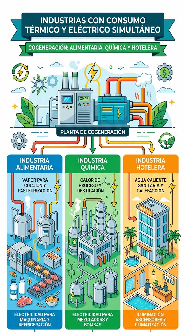 Aplicacion de la cogeneracion Industrias manufactureras con consumo térmico y eléctrico simultáneo, como alimentaria, química y hotelera.